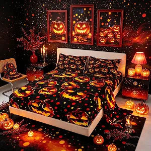 Feelyou Spooky Pumpkin Bed Sheets Sets Twin Size Kids Boys Girls Halloween Themed Bedding Set Trick or Treat Bed Sheet Set with 16-Inch Deep Pockets Graveyard 3Pcs with 1 Pillow Cases