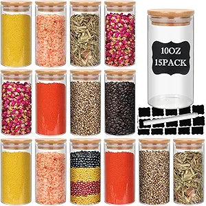 Glass Food Storage Containers Jars with Airtight Bamboo Lid 10 oz 15 pcs, 290 ml Pantry Organization Jar, Glass Terrarium with Lid, Spice, Flour and Sugar Container, Canister Set for Kitchen Counter