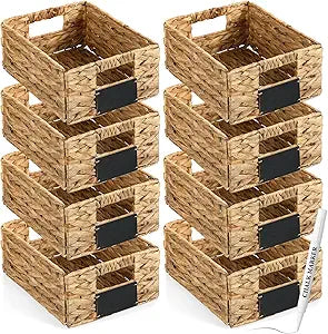 Nitial 8 Pcs Wicker Storage Basket, Rectangular Water Hyacinth Storage Basket for Shelving, Foldable Woven Pantry Organizer with Chalkboard Label and Chalk Marker (Natural,12 x 9 x 5 Inch)