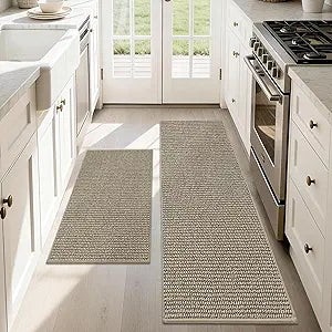 JSEI 17''x30''+17''x48'' Non-Slip Kitchen Runner Rugs, 2PCS Polypropylene Kitchen Mats, Machine Washable Absorbent and Stain Resistant Kitchen Rugs, Carpet Mats with TPR Backing for Kitchen, Beige