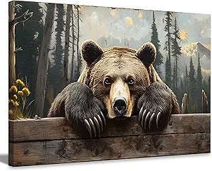 Nature Forest Bear Canvas Wall Art Wild Animals Forest Painting Picture Wall Decor Brown Bear in the Moutain Posters Print Artwork for Bathroom Bedrooms Living Rooms Home Decor
