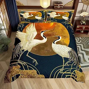 Castle Fairy Crane Duvet Cover Set Queen,Japanese Cloud Trees Bedding Set 3pcs for Kids Teens Adults Room Decor,Animals Plants Comforter Cover Ukiyo-e Style Quilt Cover with 2 Pillowcases
