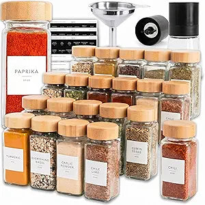 SAVVY & SORTED Glass Spice Jars with Label, 24PK Bamboo Jar Spices Set 4oz, 374 Spice Labels, Pepper Grinder, Empty Herb Seasoning Containers, Funnel and Shaker Lids