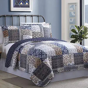Modern Threads Laura 100% Cotton 2-Piece Printed Reversible Quilted Coverlet Set Navy/Rust, Twin