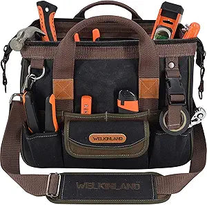 WELKINLAND 30-Pockets Canvas tool bag, 14-Inch Heavy Duty Waxed bags heavy duty, Tool duffel, Lineman Electrician for electricians,Tool men duty Black/Brown/Olive