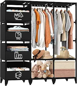Portable Closet, Easy Assembly, Large Capacity Wardrobe Closet, Sturdy and Stable Clothes Rack with Shelves 4 Storage Baskets and 2 Hanging Rods, for Bedroom and Cloakroom Black