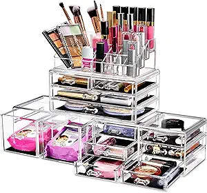 Sorbus Large Makeup Organizer - Clear Stackable Jewelry Makeup Organizer for Vanity, Bathroom Storage Display Case - 12 Drawers Cosmetic Beauty Organizers and Storage with Lipstick Makeup Brush Holder