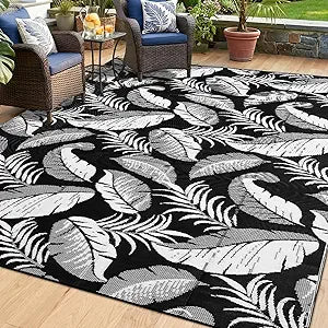 OPPODREAM Reversible Outdoor Rug 6x9, Waterproof Outdoor Plastic Straw Rug for Patio, Tropical Leaf RV Camping Rugs for Outside, Deck, Balcony, Porch, Backyard, Camping, Rv, Black and White