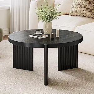 Luoxiao Coffee Table, 27.5" Round Coffee Tables for Living Room, Modern Black Fluted Center Table, Small Wood Circle Accent Table with Ribbed Base & Non-Slip Footpads for Apartment, Easy Assembly