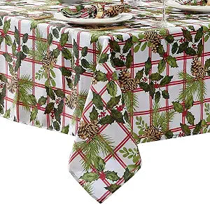 Pinecone Plaid Holiday Fabric Tablecloth, Multicolor - 60" W x 84" L