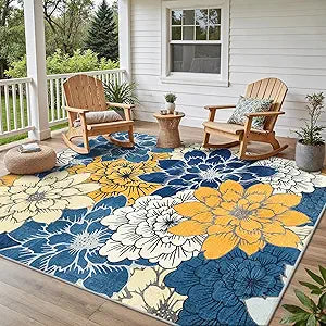 GENIMO Indoor Outdoor Area Rug 8'x10', Machine Washable Rugs for Patio, Waterproof, Non-Slip Easy Cleaning Floral Outdoor Mat Carpet for Living Room, RV, Balcony, Deck, Camping, Blue Yellow
