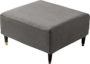 Stretch Ottoman Cover Square/Rectangle,Oversized Foot Stool Slip Cover, Jacquard Storage Footstool Furniture Protector with Elastic Band, Footrest Slipcovers Removable(Large,Grid Weave Grey)