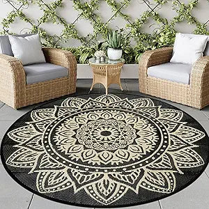 famibay Round Outdoor Rugs for Patios 8ft Boho Plastic Outdoor Rug Waterproof Reversible Circle Outside Rugs Lightweight Portable All Weather Outdoor Carpet for Patio Backyard Porch(Black Camel)