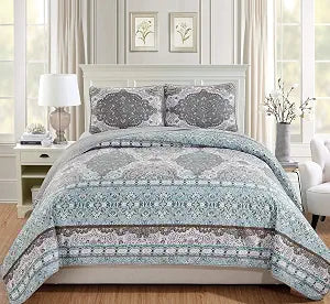 Linen Plus Over Size Quilted Bedspread Set Floral Aqua Blue Taupe White New (King/Cal King)