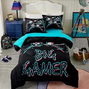Seward Park Boys Full/Queen Bedding Set with Sheet, Video Gaming Bed in a Bag for Kids Teen, Dorm Comforter Sets, Game Black 5 Pieces