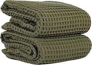 PSKL Natural 100% Turkish Cotton Waffle Bath Towels Set of 2-Piece | 32x63 inch Extra Large Absorbent Quick-Dry Lightweight Spa Towel | Honeycomb Weave Towel (Khaki Green Bath Towels - Pack of 2)