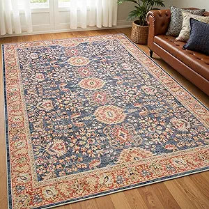 Goideal Washable Rug 4x6, Vintage Area Rugs Non Slip, Indoor Low Pile Carpet with Rubber Backing for Living Room Kitchen Bathroom Entryway Office Bedroom, Navy Blue & Orange