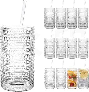 Dingerjar Upgraded Large Capacity 16 oz/480 ml Hobnail Glasses Drinking Set of 12 - Heavy Vintage Glassware