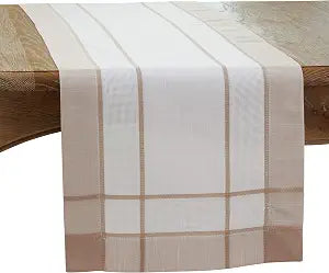 SARO LIFESTYLE Banded Border Table Runner, 16"x90", Natural  100% Polyester, Machine Washable