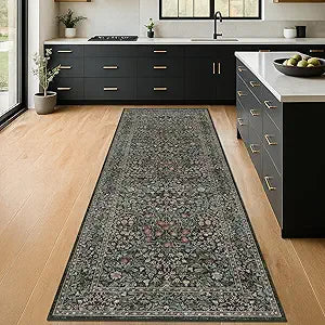 Non Slip 2x6 Kitchen Runner Rug Washable, Rubber Backed Bathroom Runner, Boho Vintage Floral Botanical Dark Green Non Skid Low Pile Soft Carpet for Entryway, Laundry Room, Hallway Mats for Floor
