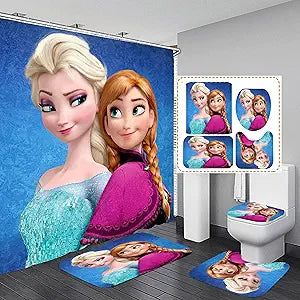 Cartoon Girls Bathroom 4 Pieces Shower Curtain Set, Toilet Lid Cover and Bath Mat, Non-Slip Rugs, Durable and Waterproof, for Bathroom Decor Set, 72" x 72"