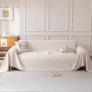 Boho Chenille Couch Cover for Dogs, Non Slip Sofa Cover, Couch Slipcover Covers for 3 Cushion, Furniture Protector with Tassels for Pets Washable, 91"x118", Fishbone Beige