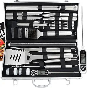 ROMANTICIST 28pcs BBQ Accessories Set with Thermometer - The Very Best Grill Gift on Birthday Wedding - Heavy Duty Stainless Steel Grill Set in Case for Outdoor Cooking Camping Grilling Smoking