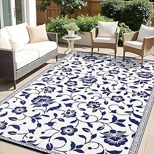 OLANLY Waterproof Outdoor Rug 6x9 ft, Outdoor Plastic Straw Rug with Flower Pattern, Reversible RV Mat for Patio, Camping, Balcony, Deck, Backyard, Navy & White