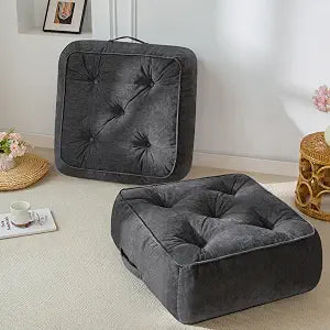 8" Extra Thick Floor Pillow Cushion for Adults, Meditation Cushion Pillow with Handle, Lustrous Chenille Tufted, Square Floor Sitting for Tatami Living Room or Yoga, 22x22 Inch, 2Pack, Dark Grey