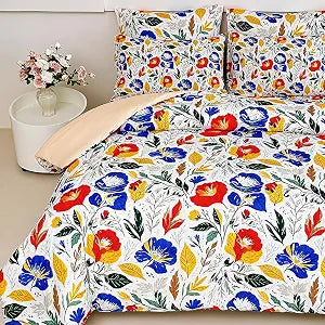 lasoftan Floral King Comforter Set with Sheets, 7 piece Luxury Vintage Bedding, Soft Microfiber Bed in a Bag, Cozy Lightweight Bed Set, Blue Orange Flower