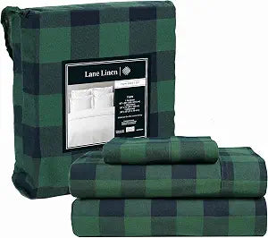 LANE LINEN 100% Cotton Flannel Sheets Twin Size - Brushed for Extra Softness - Lightweight Twin Size Cotton Sheets Set - Warm Flannel Cotton Bed Sheets, 15" Deep Pocket - Buffalo Checks Green