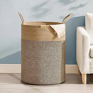Nunsino Tall Laundry Basket Hamper 95L,Cotton Rope Storage Hamper with Reinforced Handles,Decorative Blanket & Toy Basket for Living Room, Bedroom, Nursery, Dark Brown
