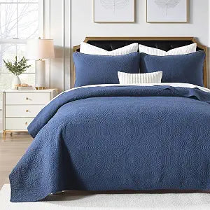 Homzard Quilts Queen Size Bedding Set, 100% Cotton Navy Blue Queen Size Comforter Set,Coin Pattern Bedspread Set,Solid Modern Bedding Coverlet 3 Piece Bed Set, All Season