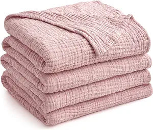 100% Cotton Muslin Throw Blanket Twin Size 70"X 80", 4-Layer Breathable Gauze for Couch Bed Pre-Washed Soft Lightweight All-Season Bedding for Adult, Dusty Pink