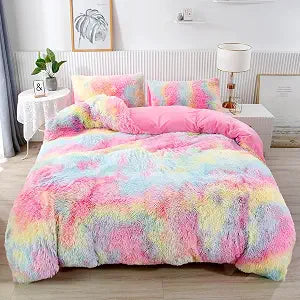 RYNGHIPY 3Pcs Rainbow Long Hair Bedding Sets Twin for Girls