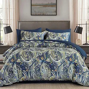 DJY Paisley Comforter Set King Size Navy Gold Boho Bed in a Bag 7 Piece, Soft Microfiber Vintage Paisley Floral Pattern Complete Bedding Set for All Season (104''x90)
