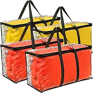 VitalUp 4 Pack Clear Large Moving Bags, Heavy Duty Storage Bags, College Totes, Storage Bins, for Organizing Blankets, Clothing for College, Dorm, Packing, Durable with Zipper and Handle 25x14x12