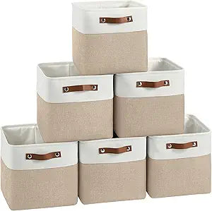 FinishingBo Cube Storage Baskets 6 Pack, 11x11 inch Cube Storage Bins with Leather Handles for Shelf Closet (White/ Khaki)