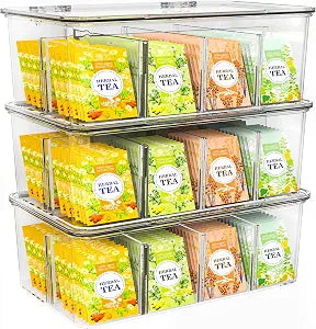 Utopia Home Tea Bag Organizer with Lids, Stackable Tea Box, 3 Pack, Clear