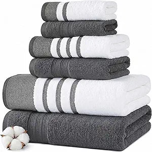 Modern Threads 6-Piece Towel Set  100% Cotton, Quick Dry, Ultra Absorbent  Includes 2 Bath, 2 Hand, 2 Washcloths (White/Reinhart Charcoal)