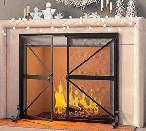Fire Beauty Fireplace Screen with Doors, 2-Pannel Handcrafted Solid Wrought Iron Decorative Mesh,Baby Safe Proof Firewood Burning Stove Accessories(Black)