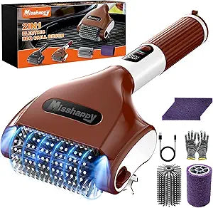 Misshappy Electric BBQ Grill Brush - 4000mAh Cordless BBQ Grill Cleaner 2 Speed - 800RPM Bristle Free Electric Grill Cleaner for Outdoor Grill Rechargeable with Scraper/LED Light/LED Display (Brown)