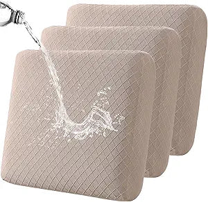 Fuloon Waterproof Seat Cushion Covers 3 PCS, Stretch Sofa Cushion Slipcovers Couch Covers Solid Washable Furniture Protector Suitable for Armchair Loveseat Sofa (Khaki)