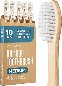 VIVAGO Bamboo Toothbrushes 10 Pack ��� Plant-Based Medium Bristles