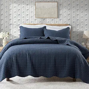 WDCOZY Navy Blue Queen Size Quilt Bedding Set, Scalloped Farmhouse Country Rustic Lightweight Soft Coverlet for All Season, Cute Cozy Kantha Pick Stitch Bedspread, 2 Pillow Shams