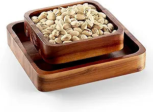 FANATU Wood Pistachio Snack Bowl with Shell Storage, Double Dish Holder Nut Bowl Pedestal for Sunflower Seed, Peanut, Cherries, Edamame (Brown)