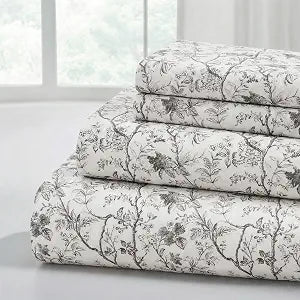 Modern Threads Silky Soft Microfiber and Wrinkle Free Sheets - Luxurious Microfiber Bed Sheets Includes Flat Sheet, Fitted Sheet with Deep Pockets, & Pillowcases Grey Garden Toile, Queen