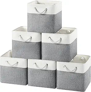 12x12 Storage Cube Bins, 6 Pack Reinforced Bottom Cardboard Foldable Box, Organizer for Closet Shelves, Heavy Home Storage Baskets (White Gray)