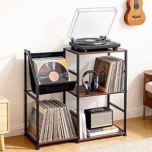 Uieke Record Player Stand with Vinyl Storage, 3-Tier Large Capacity Vinyl Record Storage Cabinet for 300+ Albums, Media Table with Vinyl Display Shelf & Turntable Stand for Living Room