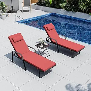 Patio Chaise Lounge Set 3 Pieces Outdoor Lounge Chair with Rattan Adjustable Backrest Armrest and Folding Table for Beach Patio,Sand, for Poolside Backyard Porch
